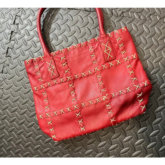 BERGE ITALY GENUINE LEATHER TOTE BAG RED w/ TAUPE STITCHING BOHO WOMENS PURSE - Picture 3 of 11